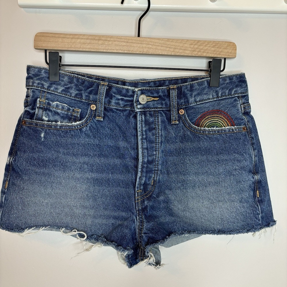 Old Navy Embroidered High-Waisted OG Jean Micro Shorts Denim Rainbow 6 Festival